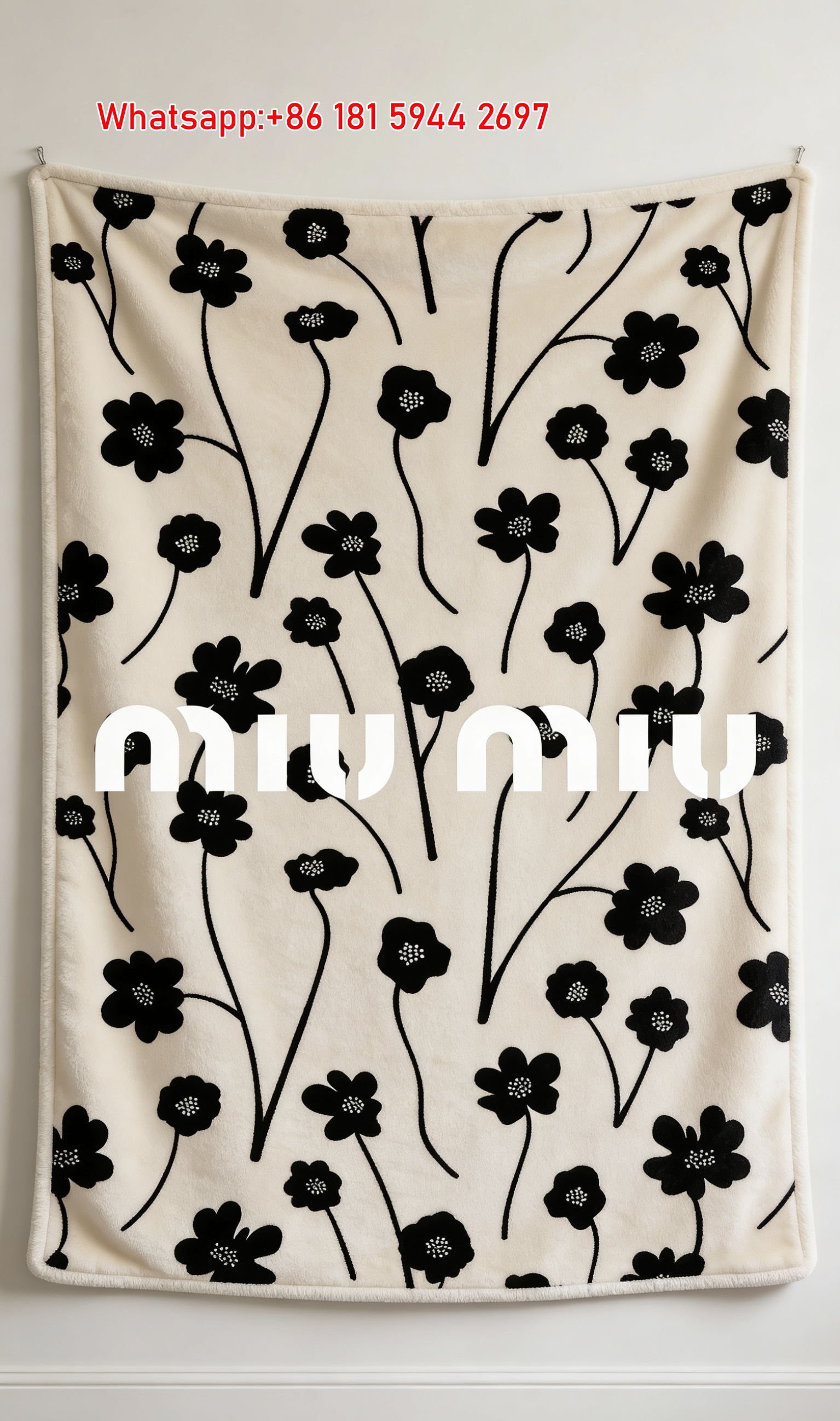 Miu Miu Floral Print Flannel Throw Blanket Minimalist Black & Beige Tone IMG_0440